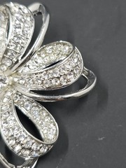 Vintage Monet Silverton Rhinestone Flower Bow Ribbon Brooch, 2.25″ Diameter