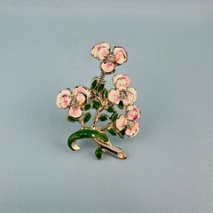 Vintage Enamel Rhinestone Trembler Flower Brooch Pin Pink Green Gold Tone Jiggle