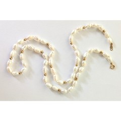 14K Yellow Gold White Fresh Water Pearl Beaded & Knotted Necklace 18″