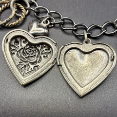 Vintage Bracelet & Charms of Mixed Metals Black: Hearts, LOCKET, Prayer Box, Dog