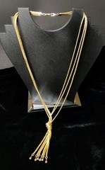Vtg Silky Gold Tone Lariat Knot Tassel Chain Fringe Necklace Triple Strand 23 In