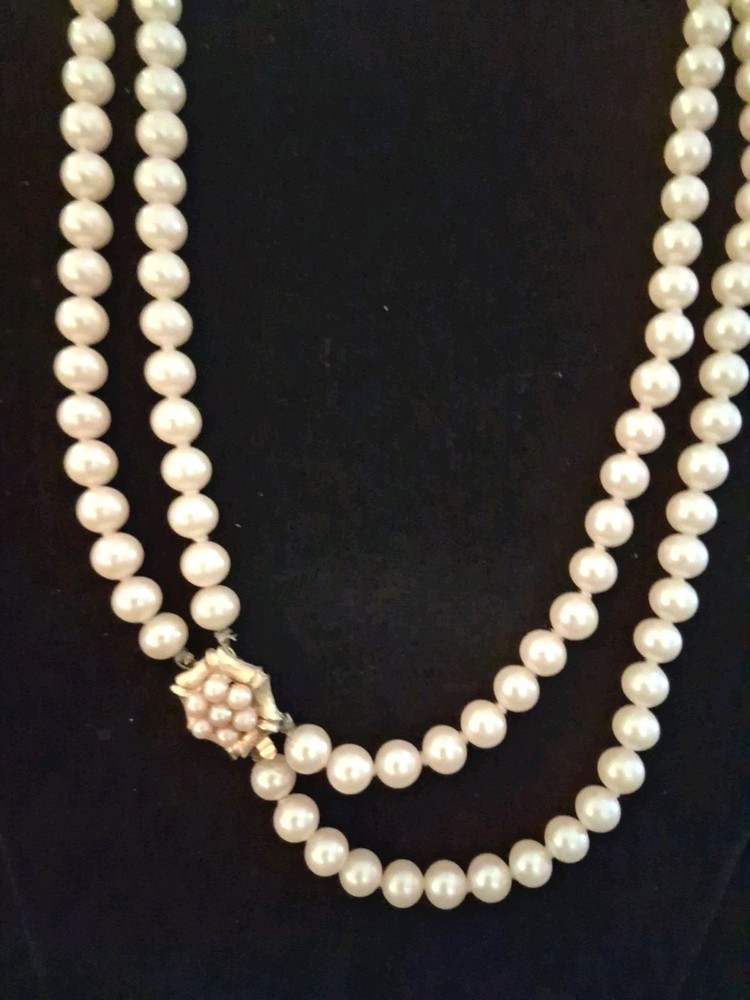 VTG Faux Pearl DoubleStrand Necklace With 18″ Lgth & Ornate Box Clasp 7mm Pearls