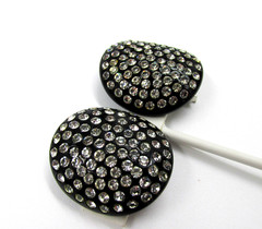 Large Black Lucite Flush Set Rhinestone Clip Earrings Mid-Century Vintage
