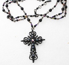 BEN-AMUN Signed AB Crystals Gun Metal Cross Pendant Necklace Choker 14.5″