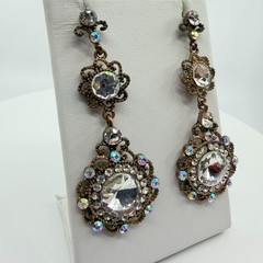 Vintage Gold Tone Filigree Dangle Earrings with AB Crystal Chandelier