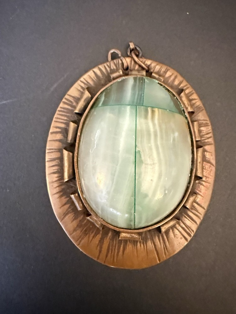 Vintage Egyptian Revival Copper Large Green Onyx Calcite Scarab Pendant 2.5”