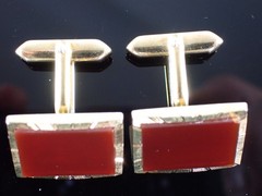 Vintage Gold Tone Red Stone Rectangular Cufflinks Mid Century Style