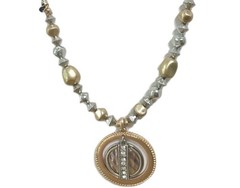 Antique gold tone necklace / Tricolor Disk pendant with clear crystals