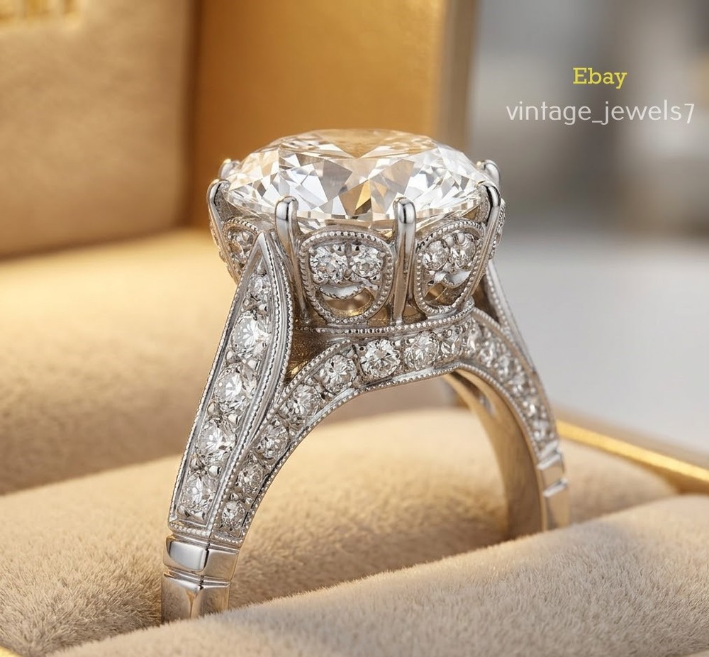 4CT Round Lab Created Diamond Vintage Crown Antique Filigree Ring 14K Gold Over