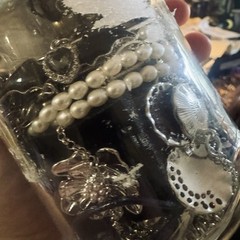 Huge Gothic Vintage Jewelry Jar Silver Tone Pearls Victorian Dark Romantic Mix