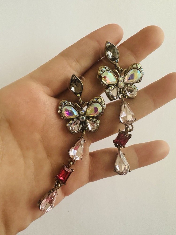 Vintage Stamped Butterfly Crystal Earrings Retro Dangle Jewelry
