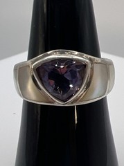 Vintage Sterling Silver 925 Trillion Cut Amethyst Mother Of Pearl Inlay Ring