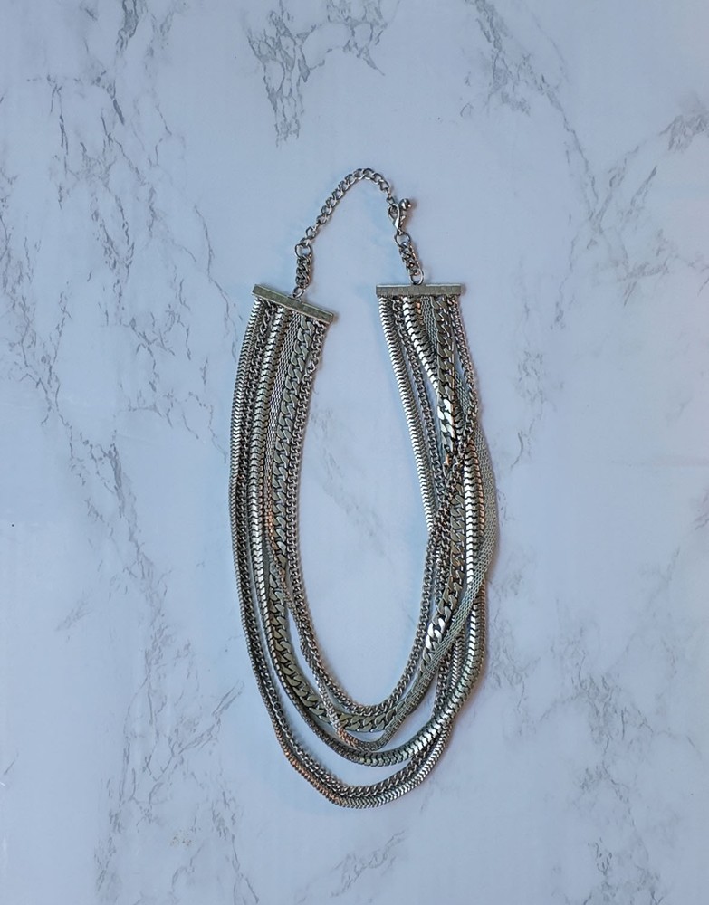 Vintage Multi Strand Silver Tone Chain Necklace Curb Herringbone Box Layered
