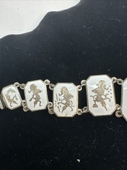 Vintage Siam Sterling Silver White Enamel Dancer Panel Bracelet 32g