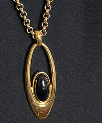 Monet Pendant Necklace Gold Tone Black Rolo Belcher Chain 33″ Signed Vintage