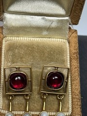 MMA Metropolitan Museum Of Art Gold Tone Pearl Garnet Drop Earrings 14k Post
