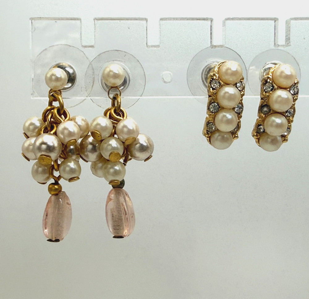 2 Pairs of Vintage Faux Pearl Earrings Cluster Drop Pink Glass Bead Gold Tone