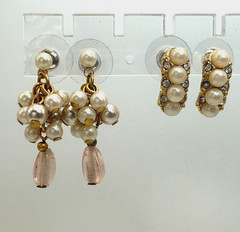 2 Pairs of Vintage Faux Pearl Earrings Cluster Drop Pink Glass Bead Gold Tone