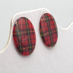 Red Tartan Plaid Oval Button Stud Earrings Vintage Design 1.5 Inches