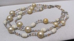 Vtg VENDOME Creamy Beige Sugar Glass Bead Aurora Borealis Crystal 3-Strand Neckl