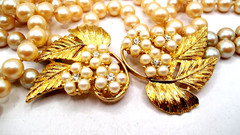 Vintage Celebrity NY 2 Strand Faux Pearl Necklace Floral Rhinestone, Pearl Clasp