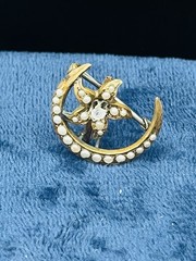 Antique Gold Filled Crescent Moon Flower Seed Pearl Lady’s Pocket Watch Brooch