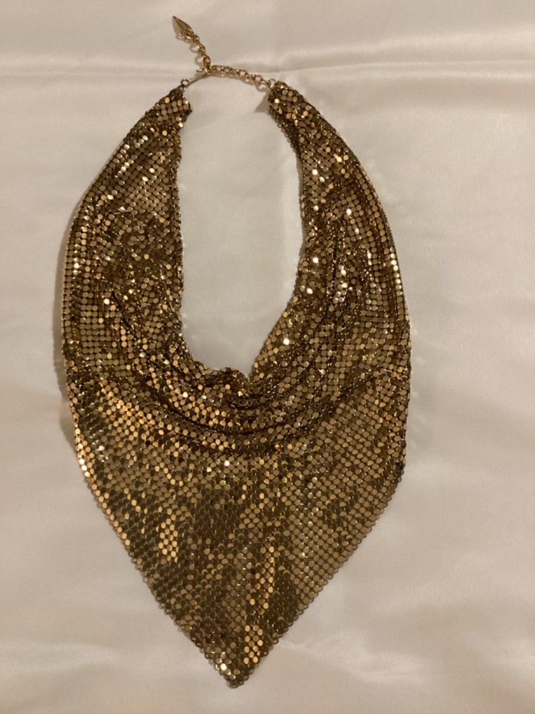 Vintage Whiting & Davis Gold Tone Mesh Scarf Bib Statement Necklace Disco 1970’s