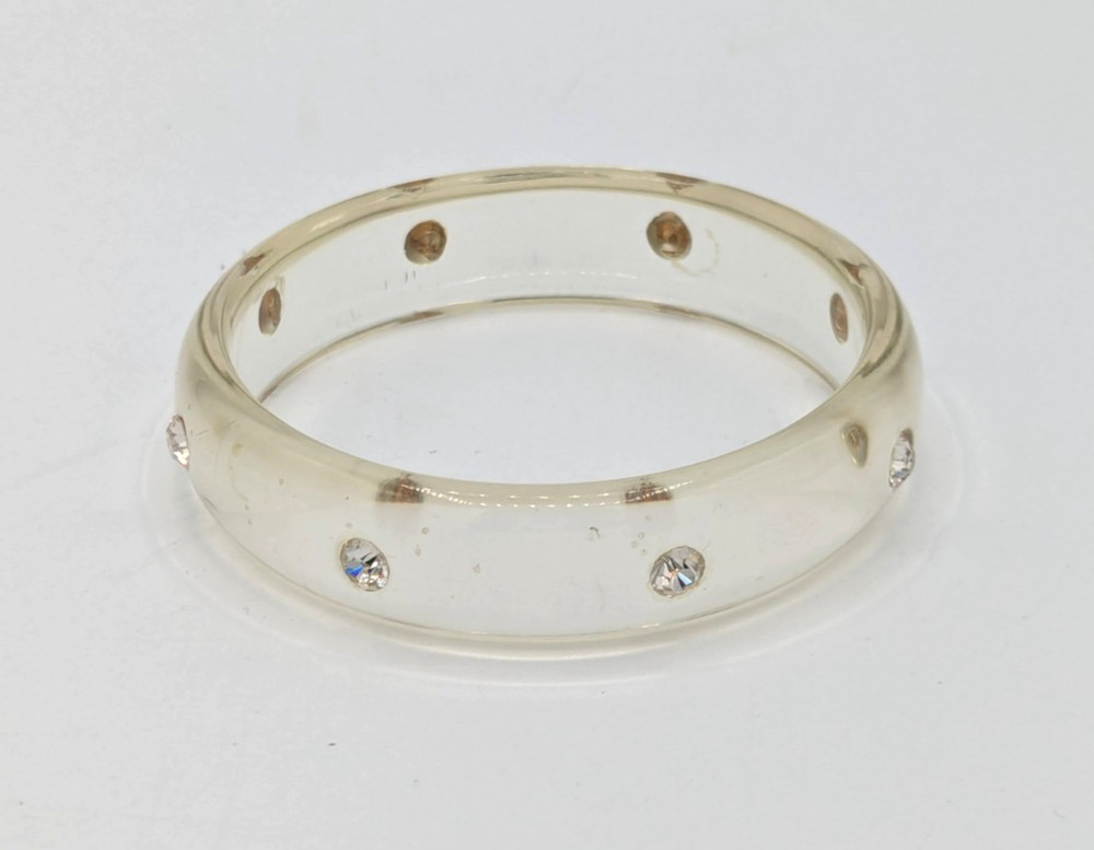 Vintage Clear Lucite Rhinestone Bangle Retro Bracelet Embedded Crystals MCM Mod