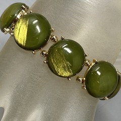 Olive Stretch Bracelet Acrylic Cabochons Gold Tone Sheen Metal Chunky Retro 7″