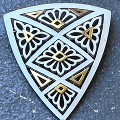 Vintage Huge Signed Crown Trifari Gold White Enamel Geometric Shield Pin Brooch
