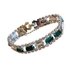 VTG Faux Emerald Rhinestone Bracelet Art Deco Rhodium Plated Elegant Regency 7″