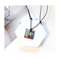 Korean Celadon Patchwork Square Necklace Handmade Ceramic Pendant
