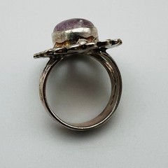 Vintage Filigree Ring Boho Silver Tone Purple Quartz Size 7 Statement Chic Mod