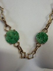 Vintage Necklace Green Asian Carved Station Glass Goldtone Chain 26in