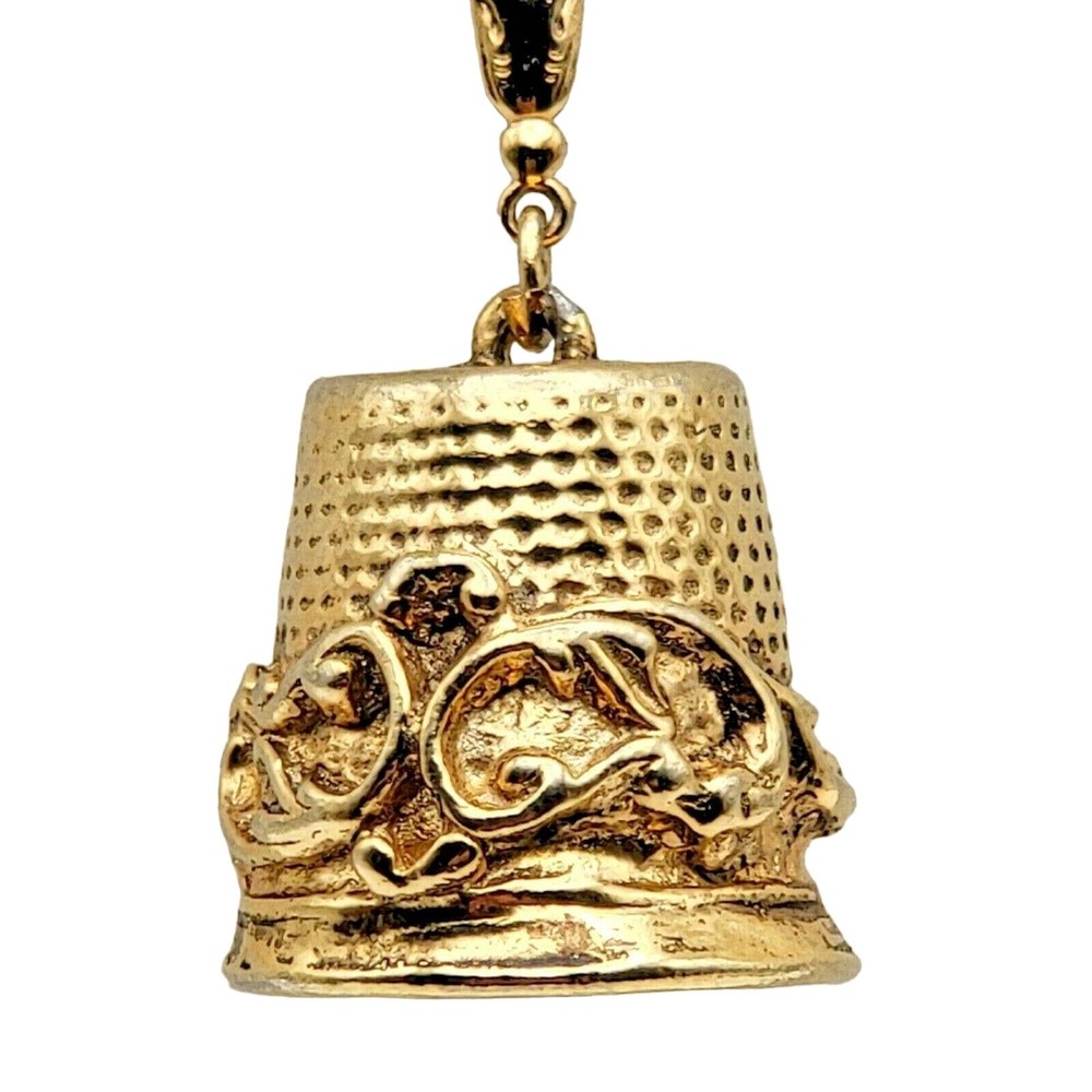Vintage 18kt GOLD Plate THIMBLE NECKLACE Filagree Gold Tone Chain 24″