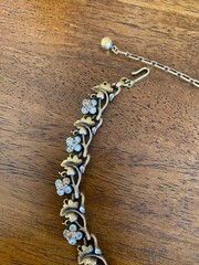 Vintage Trifari Brass Toned Leaf & Rhinestone Flower Choker Necklace AS IS