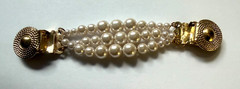 Gold Toned Three Strand Faux Pearl Sweater Cardigan Clip 1990s 4.5″ x 0.5″