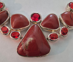 Vintage Coral & Rhinestone Necklace in Heavy Bezeled Sterling 3.1 oz. 20″