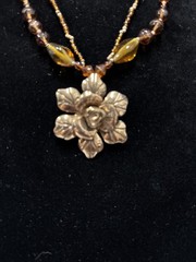 Vintage Cookie Lee Necklace Bronze Flower Double Strand Pendant signed 16” Adjus