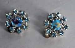 Vintage Gold Plated AB And Pale Blue Crystals Floral Clip-ons