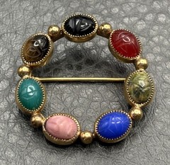 Egyptian Revival Vintage Gold Tone Semi Precious Stone Scarab Circle Brooch Pin