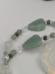 Vtg Sterling Silver Large Opalite Rose Flower Carved Jade Leaf Necklace
