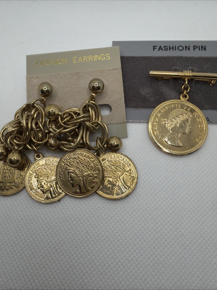 Vintage Gold Tone Coin Jewelry Set Brooch & Drop Earrings 90s Y2K NOS