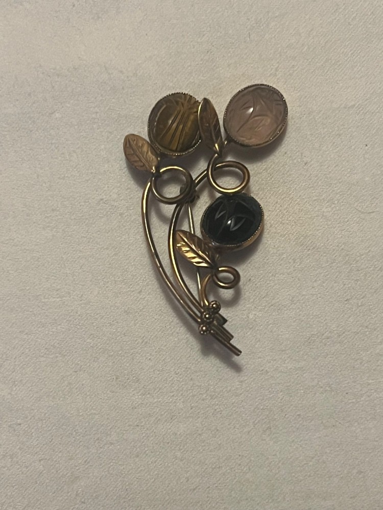 Vintage SCARAB Brooch AMCO Gold Filled Gemstones flower tiger eye onyx BB9