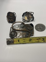 Vtg Copper Modernist Brutalist Abstract Brooch Pin And Screw Earrings Set