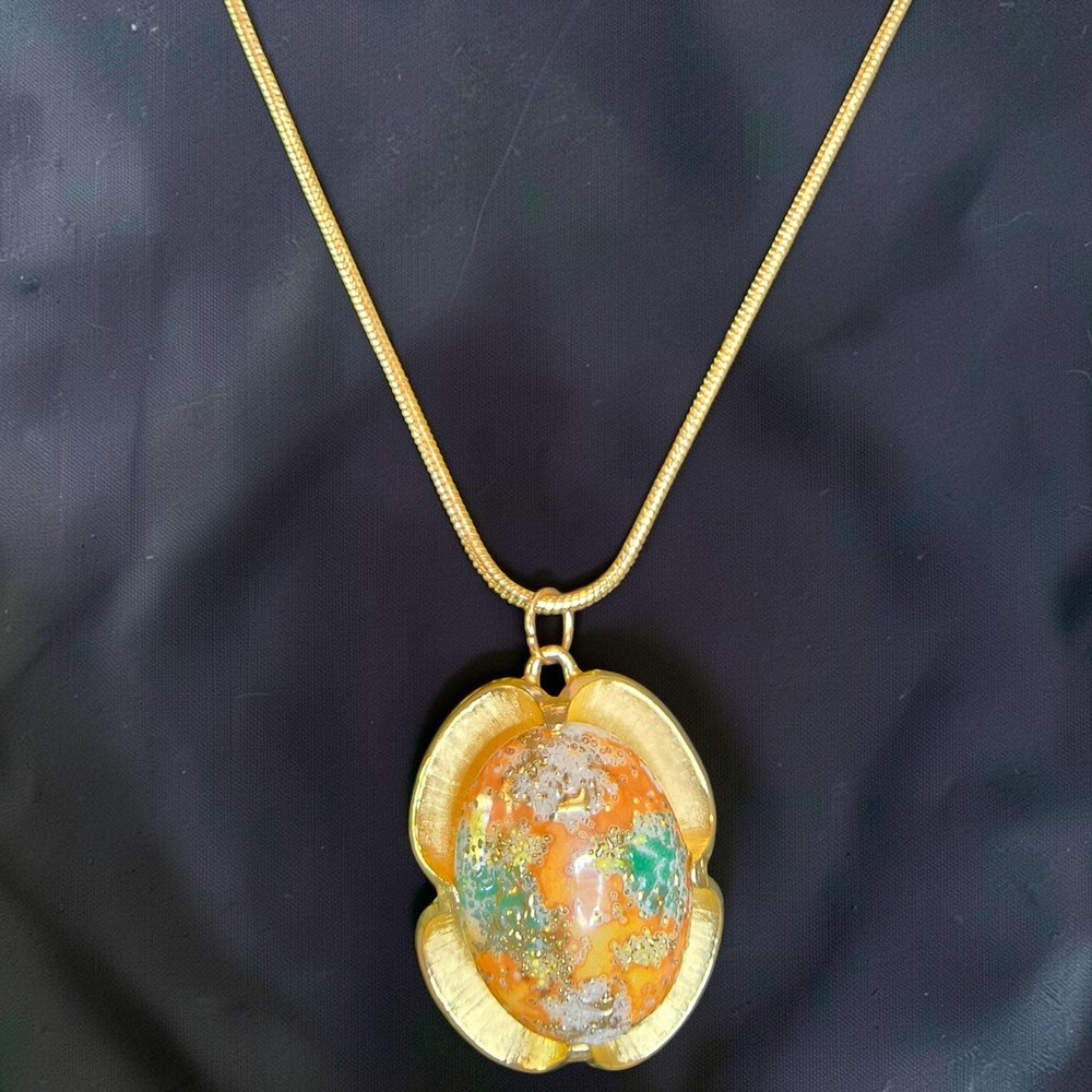 Vintage Judy Lee Stippled Easter Egg Art Glass Pendant Necklace Signed 1960s