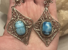 Vintage Egyptian Revival Turquoise Scarab Silver Filigree Bracelet/Earrings Set