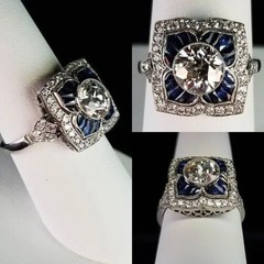 Art Deco Antique 2.30 Ct Diamond & Sapphire Vintage Wedding Ring 925 Silver