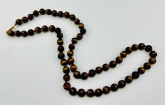 VTG Estate Tiger’s Eye Hand-Knotted Necklace Gemstone Beads Barrel Hook Clasp
