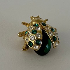 Vtg Ladybug Beetle Brooch Jelly Belly Lucite Cab Green Rhinestone Goldtone Pin